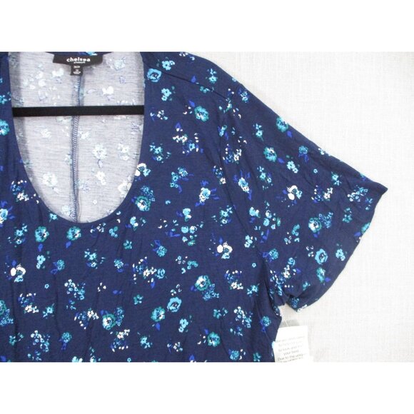 Chelsea Studio Womens Plus Size Floral Print Scoop Neck Top 2X 100% Rayon Blue - Picture 2 of 9